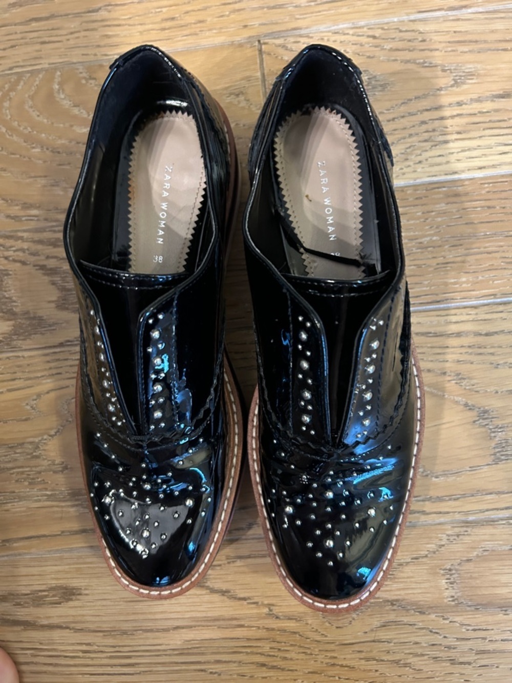 Zara Women Black Patent Studded Platform Derby Shoes size 38 - Picture 2 of 9